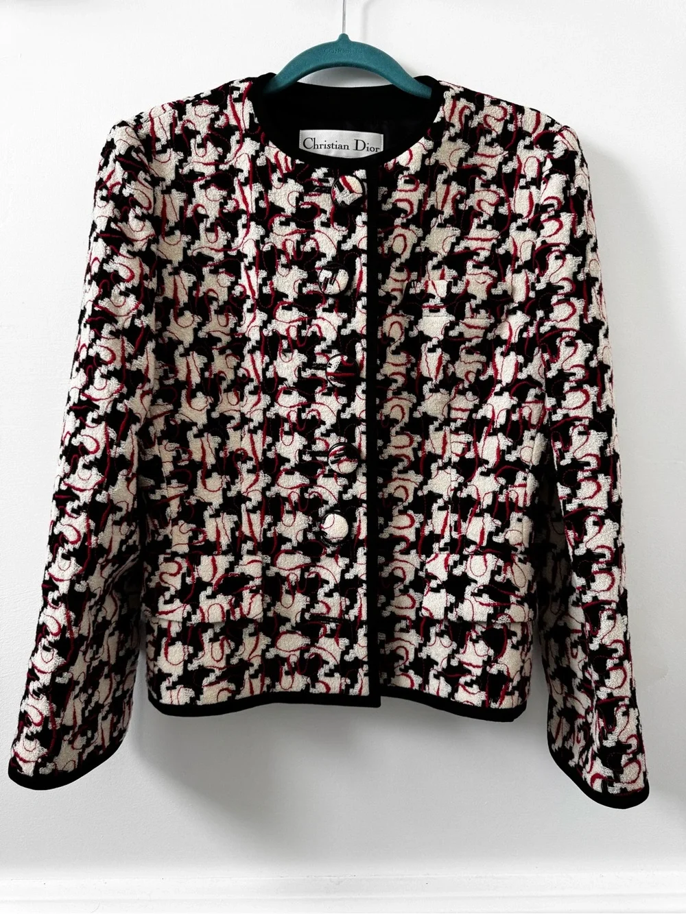 Dior Black, White & Red Tweed Collarless Jacket